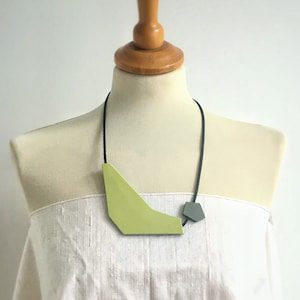 Lime Green Abstract Minimalist Necklace, Double Sided Statement Collier for Architect, Colourful Summer Futuristic Jewelry, Eco friendly