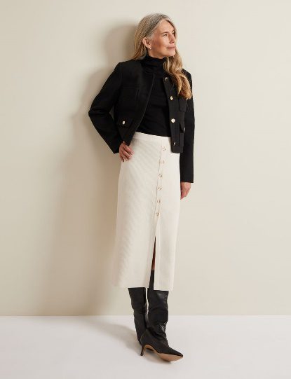 Ribbed Button Front Midi Column Skirt