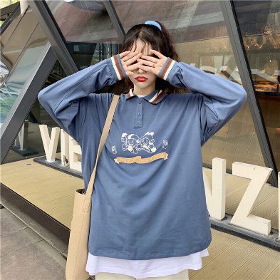 Women Polo Shirt Tops Long Sleeve Loose Casual Preppy Style Japanese Kawaii Warm | eBay